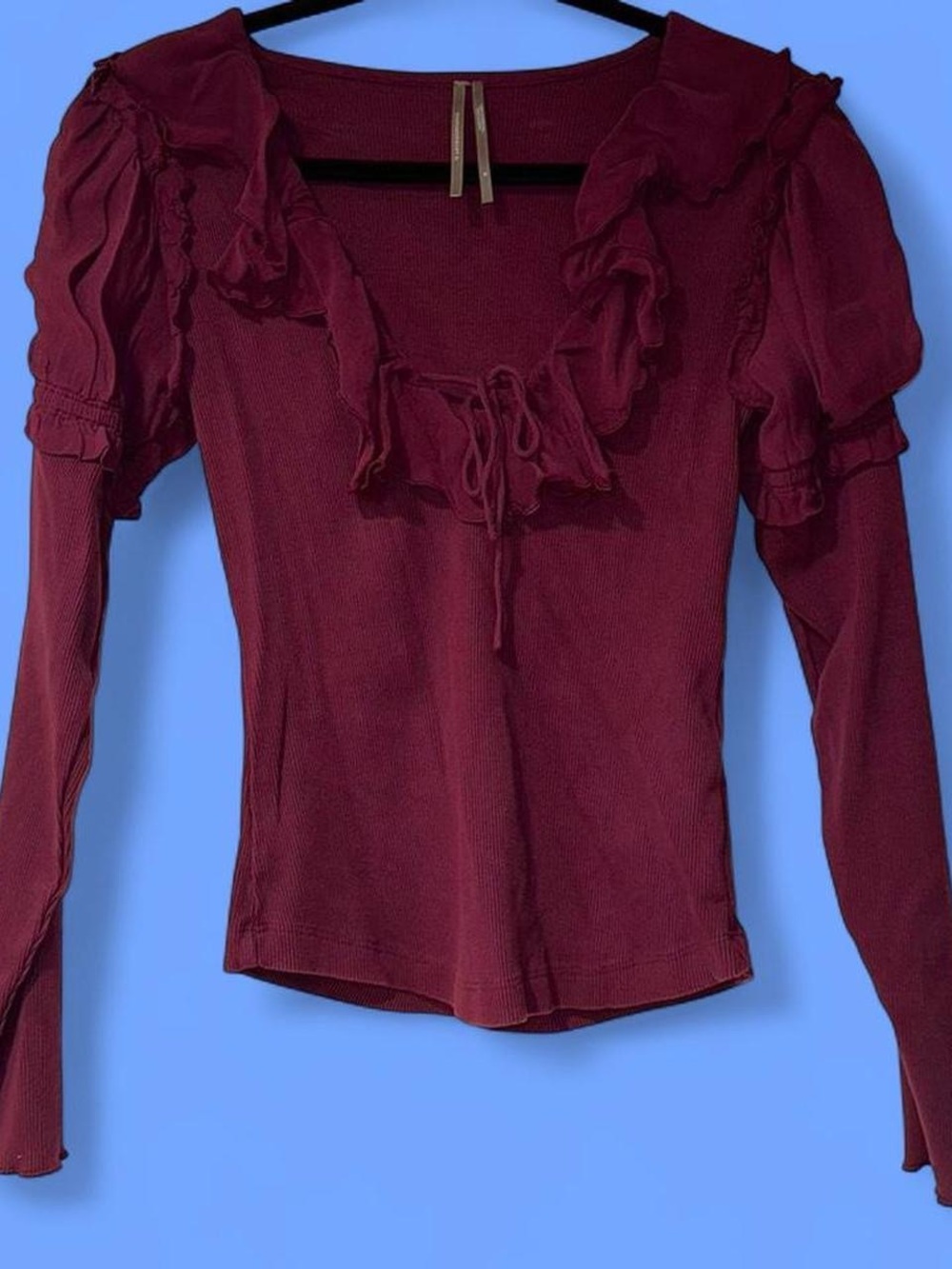 Women's Burgundy Ruffle Tie-Front Long-Sleeve Top